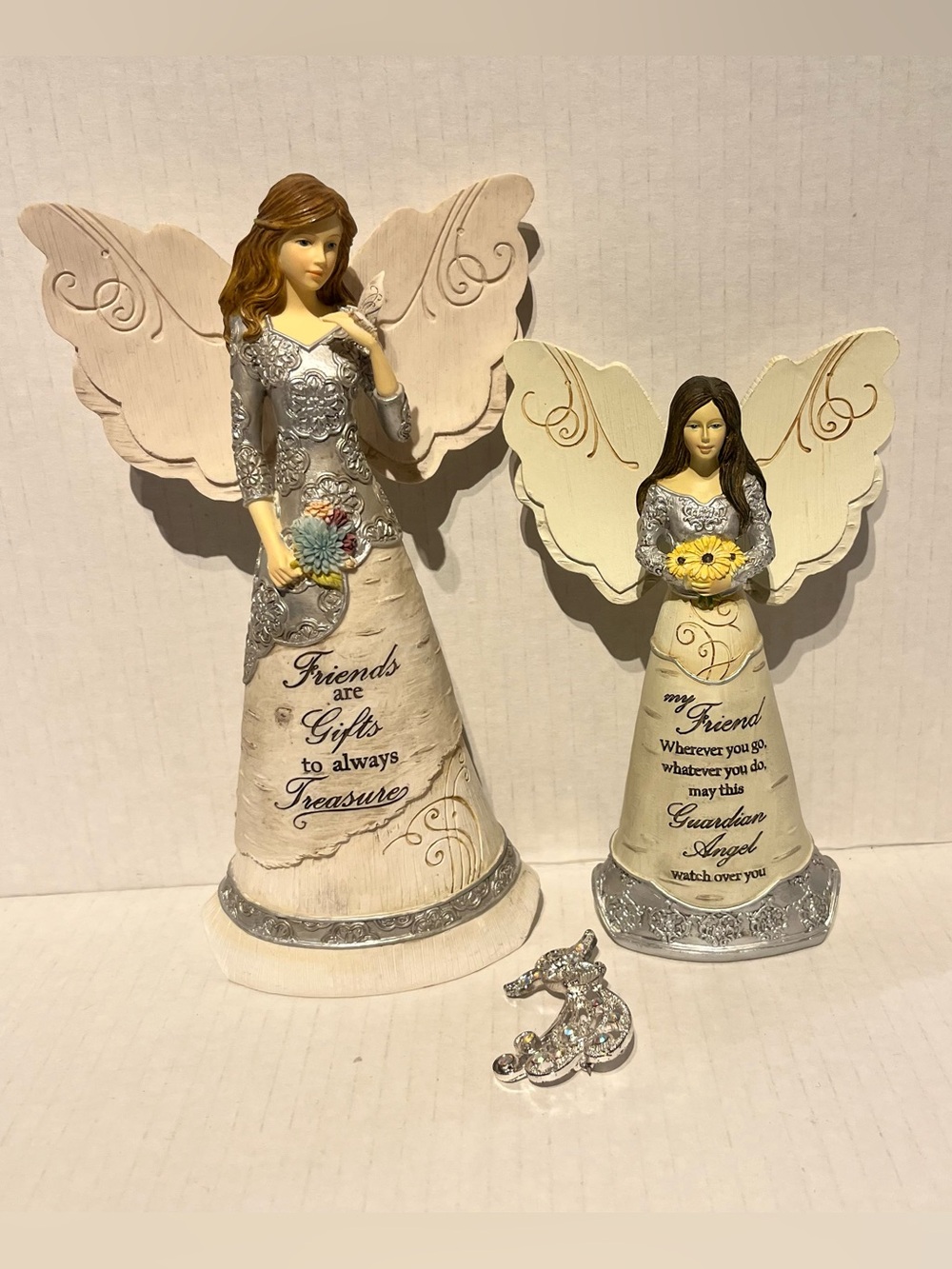 2 Guardian Angel Friend Figurines & Brooch/Pin Bundle